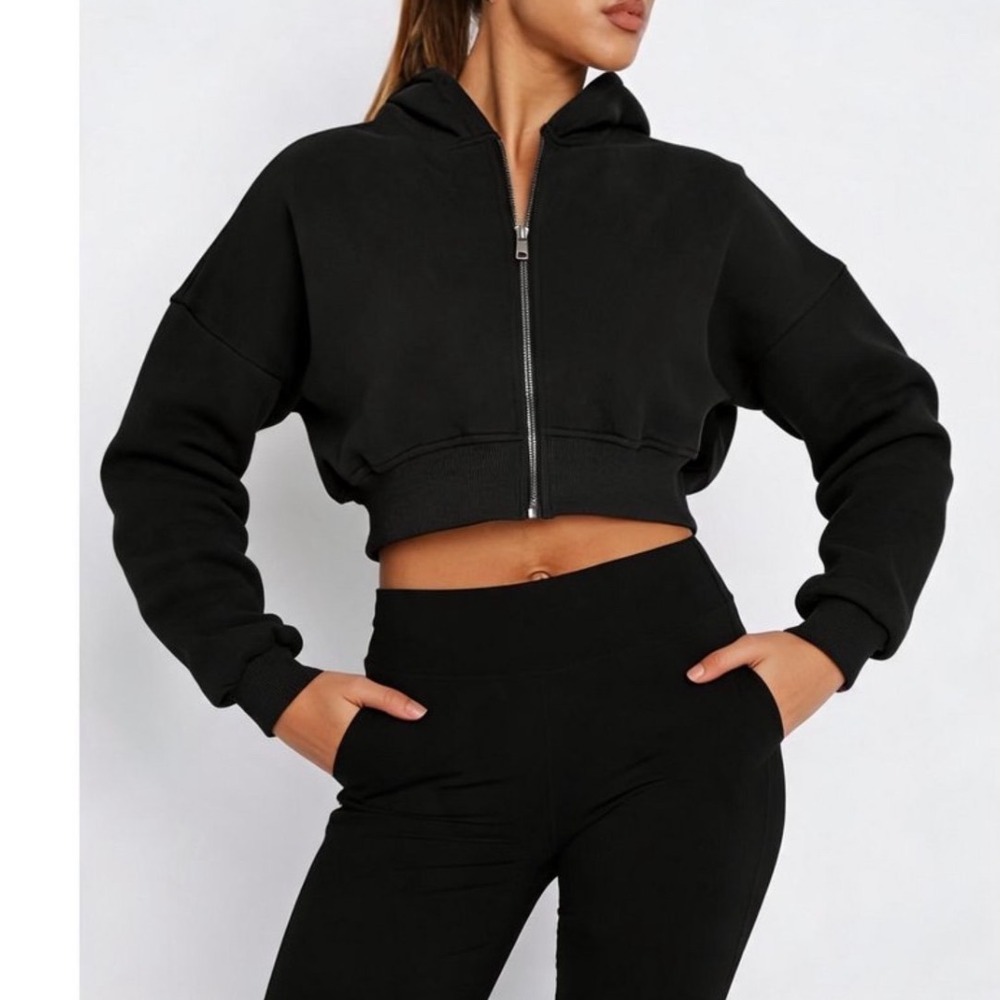 A New Day Womens Black Zip Up Cropped Hoodie Sweatshirt Large NWT